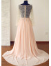 Peach Pink Chiffon Beading Sheer Prom Dress